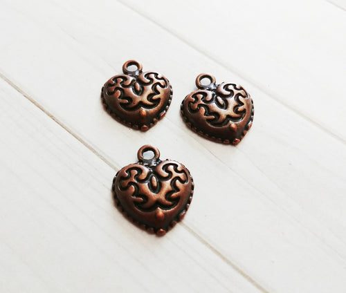 Scrolled Heart Charms Antiqued Copper Valentine's Day Pendants Love Findings 18mm Sold per pkg of 10