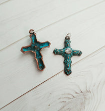 Load image into Gallery viewer, Patina Cross Charms Verdigris Patina Cross Pendants Set Copper Cross Charms with Jump Rings Patina Charms 2pcs PREORDER