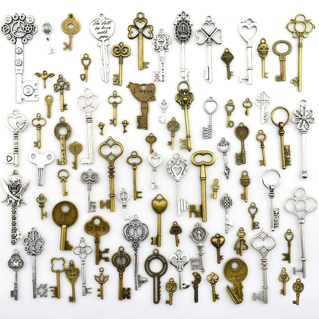 80 Skeleton Key Charms Key Pendants Antiqued Silver Keys Antiqued Bronze Keys BULK Skeleton Keys Wholesale Keys Assorted Charms