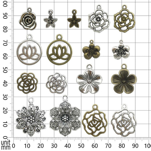 Flower Charms Flower Pendants Antiqued Silver Rose Charms Bronze Flower Charms BULK Charms Wholesale Charms Garden Charms 65pcs