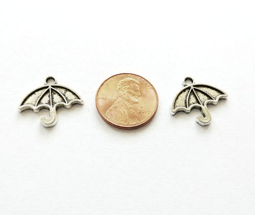 10 Umbrella Charms Antiqued Silver Umbrella Pendants Rainy Day Charms Silver Charms Set 19mm