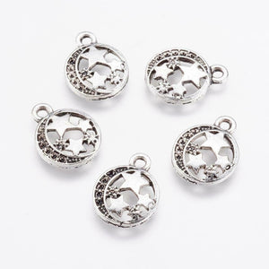 Moon Stars Charms Antiqued Silver Moon Charms Star Charms Silver Star Charms Celestial Charms Set 5pcs