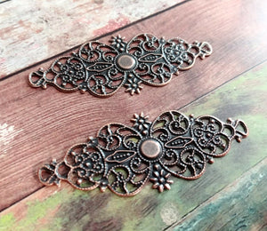 2 Filigree Stampings Antiqued Bronze Cabochon Setting Blanks Long Connector Pendants 62mm