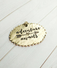 Load image into Gallery viewer, Quote Pendant Word Pendant Adventure Awaits Pendant Antiqued Gold Large Oval Pendant Focal Pendant 45mm CLEARANCE