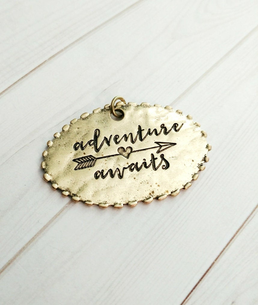 Quote Pendant Word Pendant Adventure Awaits Pendant Antiqued Gold Large Oval Pendant Focal Pendant 45mm CLEARANCE