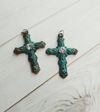 Load image into Gallery viewer, Patina Cross Charms Verdigris Patina Cross Pendants Set Copper Cross Charms with Jump Rings Patina Charms 2pcs PREORDER