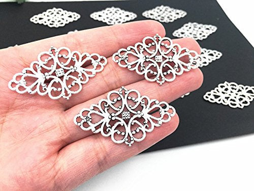 40 Filigree Stampings Antiqued Silver Cabochon Setting Blanks Long Connector Pendants 41mm