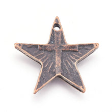 Load image into Gallery viewer, 5 Star Charms Antiqued Copper Star Charms Star Pendants Copper Charms Cross Charms Celestial Charms Christmas Star 21mm