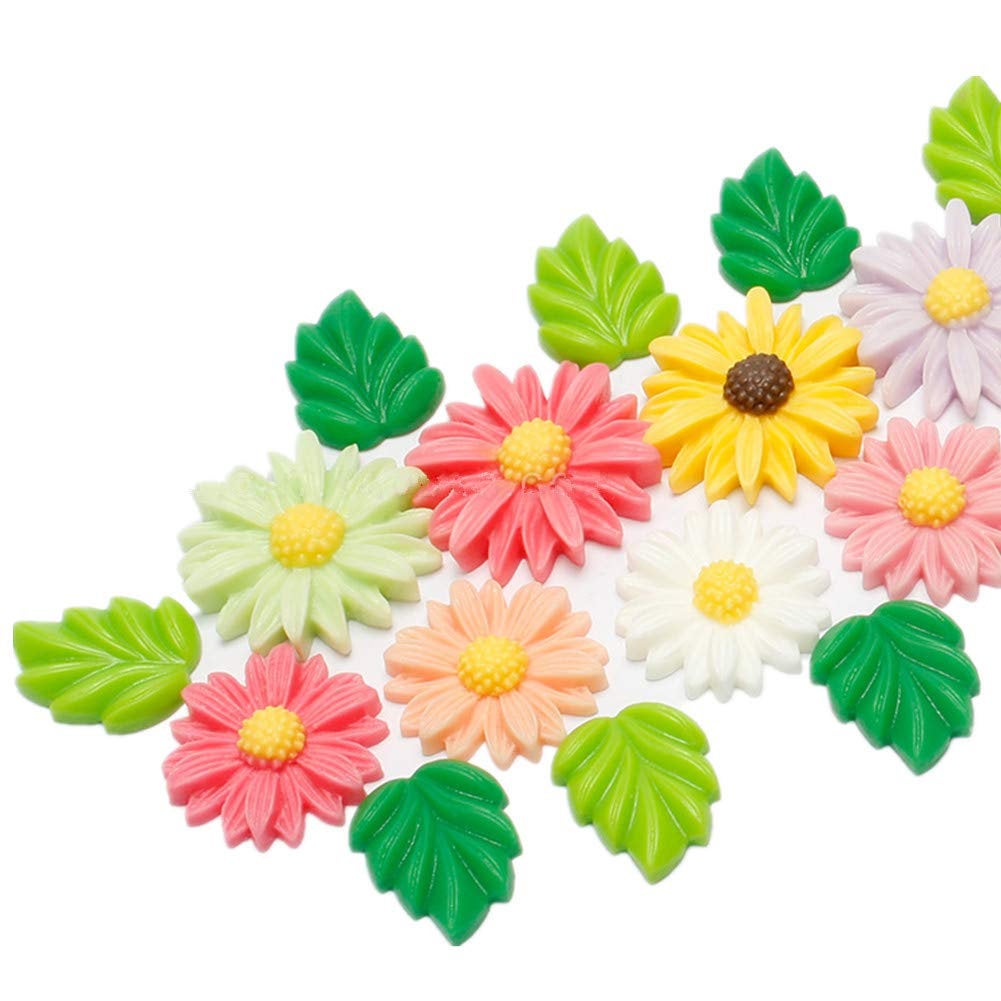 Flower Cabochons Resin Cabochons Flowers Bulk Cabochons Resin Flowers for Rings Wholesale Cabochons Flat Backs Daisy Cabochons Leaves 72pcs