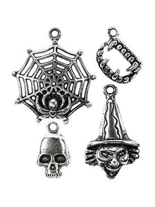 Halloween Charms Set Antiqued Silver Assorted Charms Silver Charms Themed Charms Witch Charm Spiderweb Charm Skull Charm 4pcs