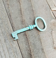 Load image into Gallery viewer, Patina Key Pendant Key Charm Antiqued Bronze Verdigris Patina Key Skeleton Key 41mm