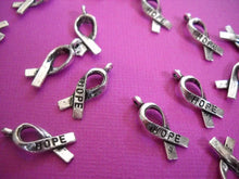 Load image into Gallery viewer, Awareness Charms Cancer Awareness Ribbon Charms Hope Charms Antiqued Silver Charms Fundraising Charms HOPE Pendants Bulk Charms 50 pieces