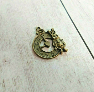 Clock Charm White Rabbit Charm Antiqued Bronze Pendant Fairy Tale Charm Rabbit Charm Rabbit Clock 31mm