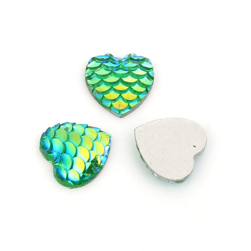 Mermaid Scale Cabochons 12mm Flat Backs Green Mermaid Scales Heart Cabochons Dragon Scale Flatbacks Flat Back Embellishments 6 pieces