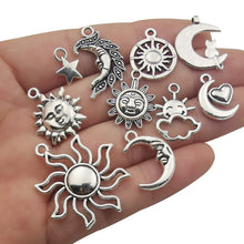 Load image into Gallery viewer, Sun Charms Sunshine Charms Moon Charms Star Charms Celestial Charms Sun Pendants Assorted Charms Set Antiqued Silver 10pcs