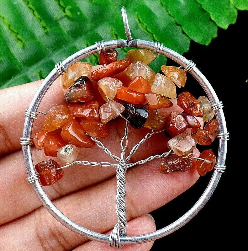 Wire Wrapped Tree of Life Pendant With Carnelian Gemstones Silver 50mm Brown Orange Gemstones