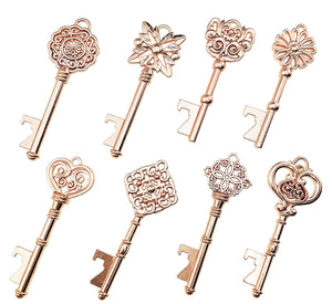 Skeleton Key Pendant Key Bottle Openers Wedding Favors Rose Gold Key Pendants BULK Set with Tags and Twine 120pcs