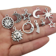 Load image into Gallery viewer, Sun Charms Sunshine Charms Moon Charms Star Charms Celestial Charms Sun Pendants Assorted Charms Set Antiqued Silver 10pcs