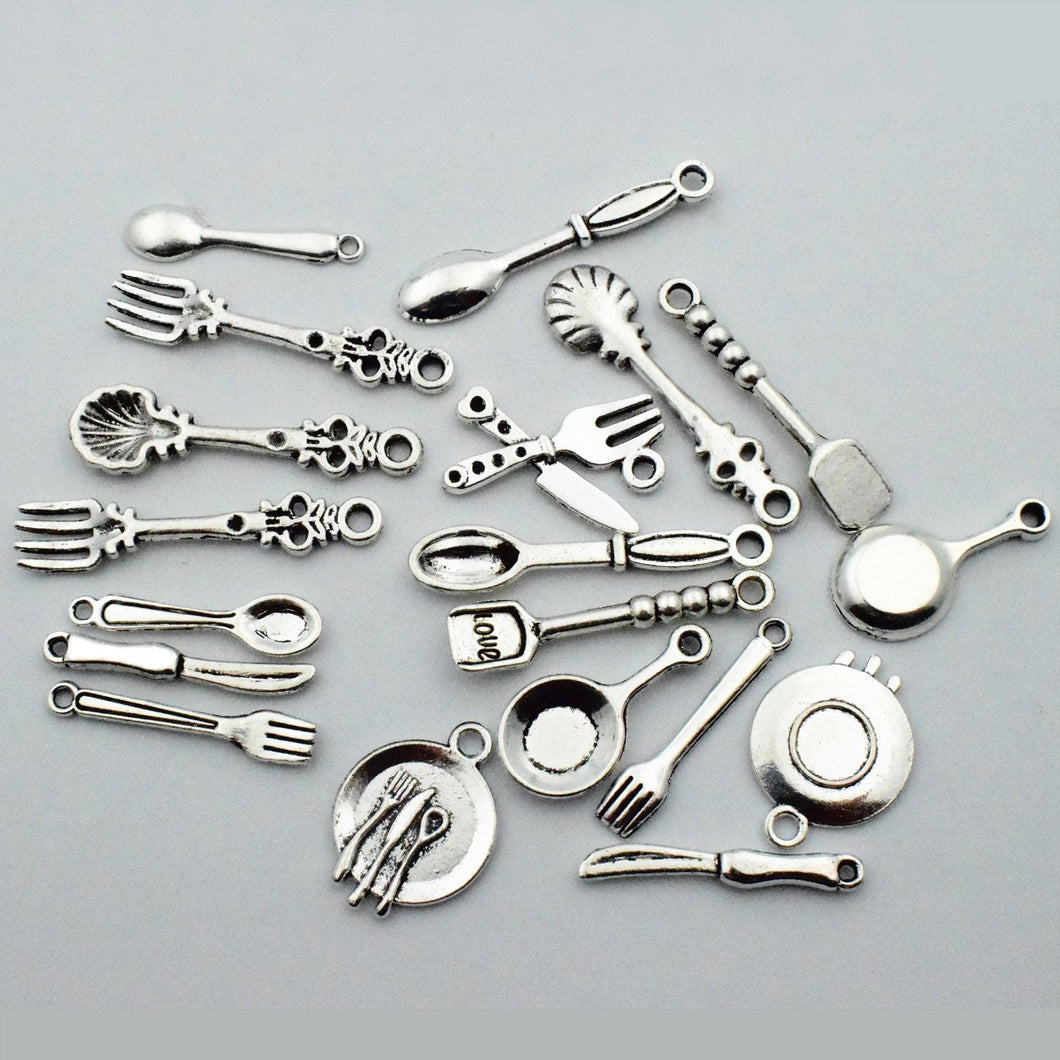 Kitchen Themed Charms Antiqued Silver Spoon Charms Fork Charms Utensil Charms BULK Charms Wholesale 100pcs