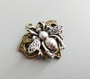 Queen Bee Pendant Two Tone Pendant Antiqued Bronze Antiqued Silver Queen Bee Charm 1.75" PREORDER