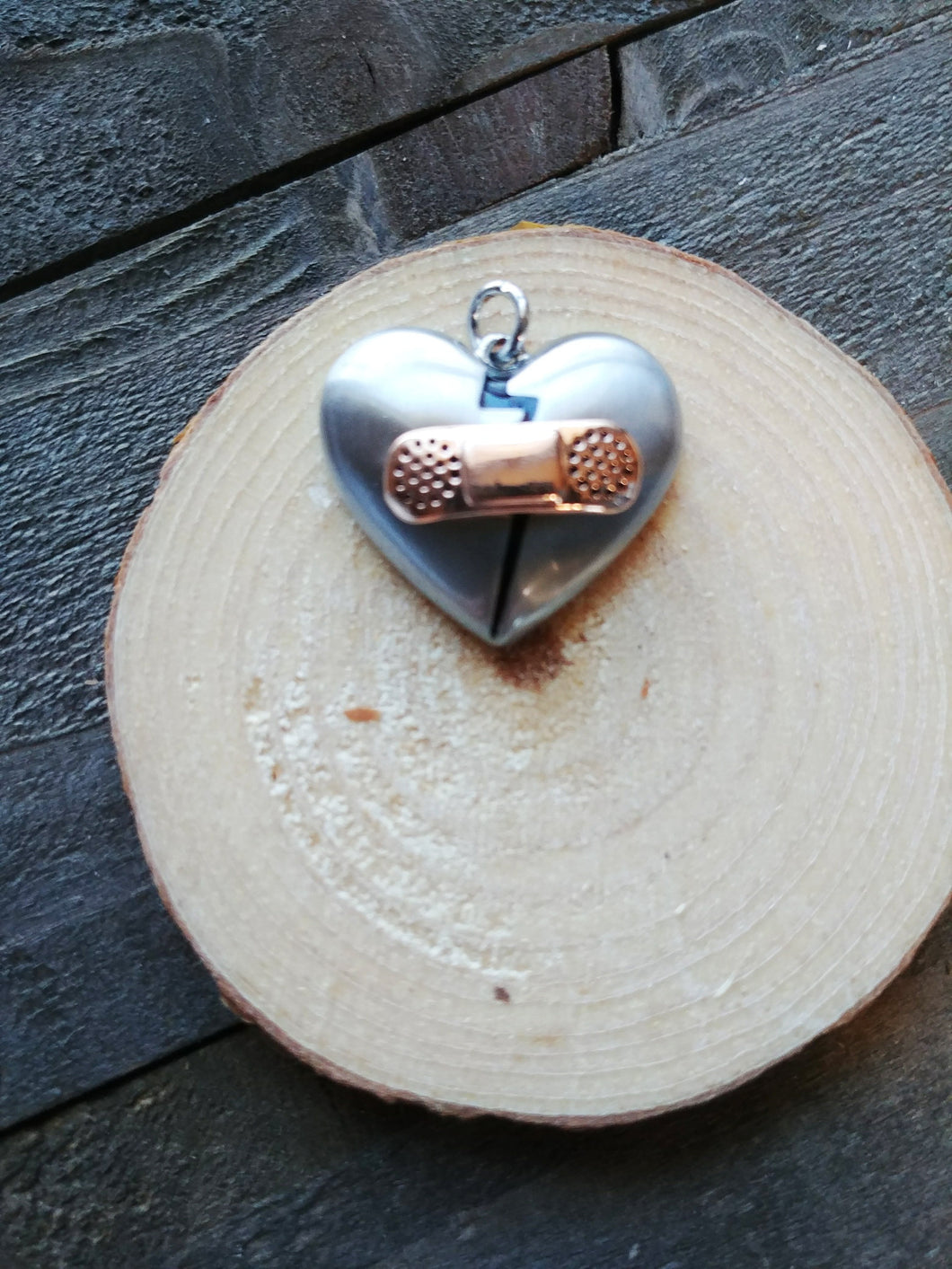 Broken Heart Charm Heart Pendant Bandaged Heart Antiqued Silver Heart Copper 2 Tone Pendant Love Hurts Charm PREORDER