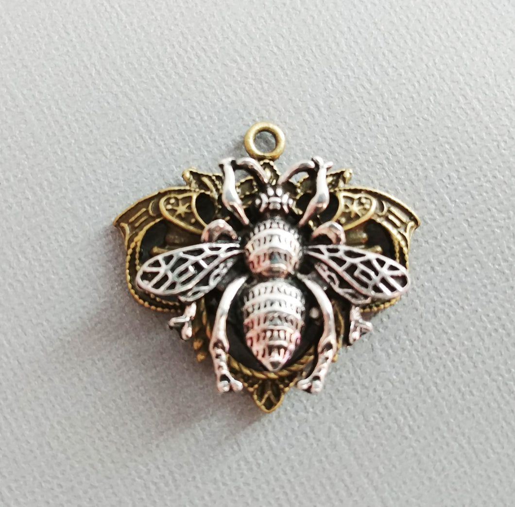 Queen Bee Pendant Two Tone Pendant Antiqued Bronze Antiqued Silver Queen Bee Charm 1.75