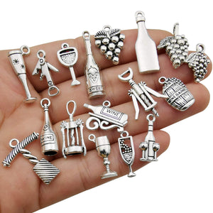Wine Themed Charms Set Antiqued Silver Wine Country Pendants Assorted Lot Mixed 10pcs