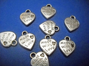 Jewelry Tags Heart Charms MADE WITH LOVE Charms Word Charms Antiqued Silver Heart Tags Made with Love Heart 19 pieces