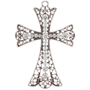 Large Cross Pendant Silver Cross Pendant Crystal Cross Charm Large Cross Clear Rhinestone Focal Pendant 2 3/4"