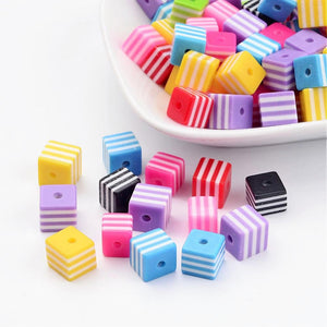 Striped Cube Beads Resin Assorted Lot 8mm Bright Colorful Jewelry Making Supplies Set 24pcs