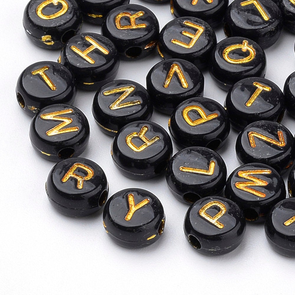 Letter Beads Alphabet Beads Black Gold Letter Beads Black Alphabet Beads Wholesale Beads Bulk Beads 50 pieces 7mm