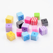 Load image into Gallery viewer, Striped Cube Beads Resin Assorted Lot 8mm Bright Colorful Jewelry Making Supplies Set 24pcs