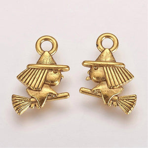 Witch Charms Antiqued Gold Witch Charms Halloween Charms 2 Sided Witch on Broom 10pcs