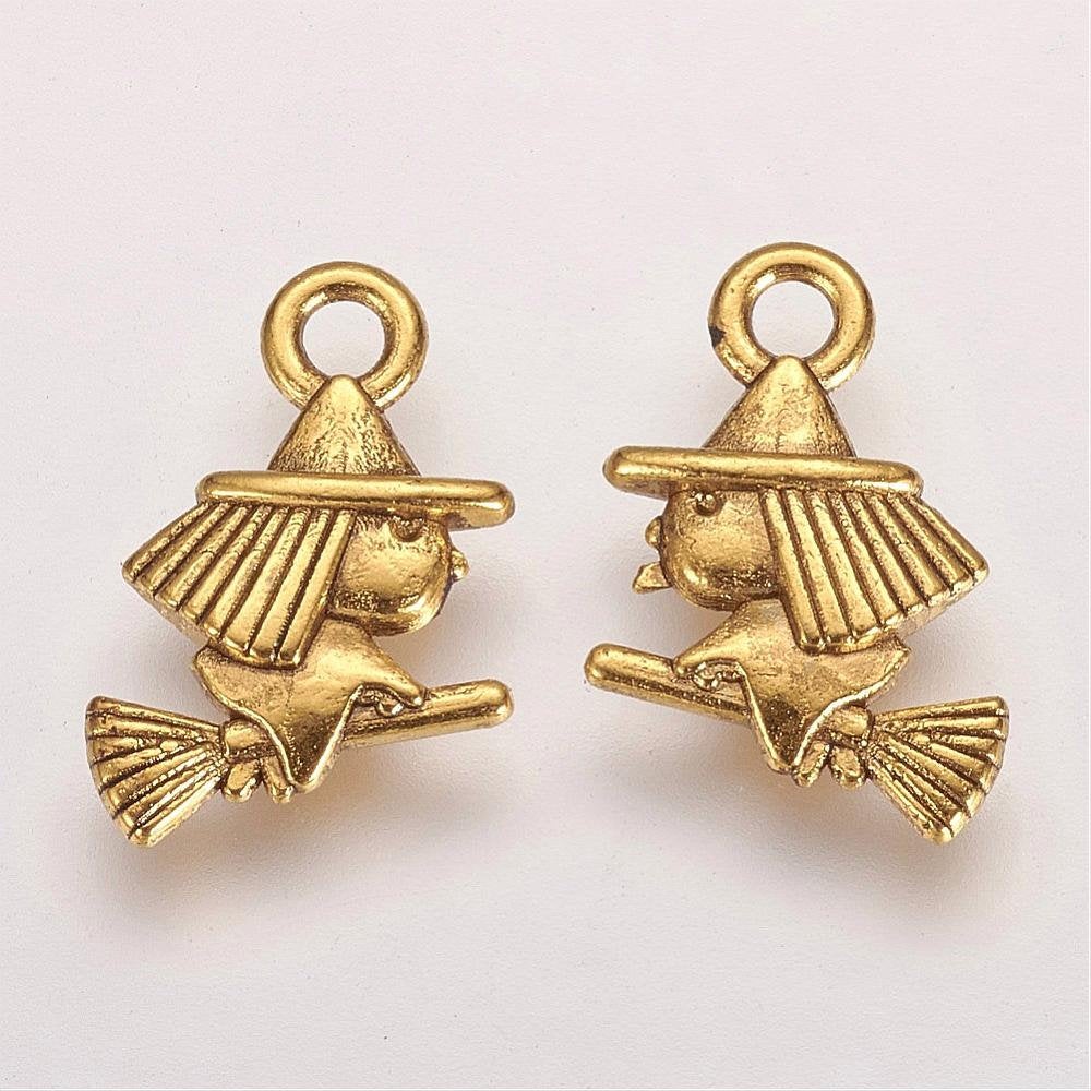 Witch Charms Antiqued Gold Witch Charms Halloween Charms 2 Sided Witch on Broom 10pcs