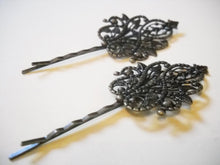 Load image into Gallery viewer, Bobby Pin Blanks Bronze Bobby Pin Hair Pin Blanks Antiqued Bronze Ornate Hair Accessory Blanks 2 pieces 90mm Large Teardrip Filigree Pad