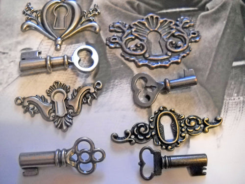 Key Hole Pendants and Matching Skeleton Keys Lock and Key Charms Pendants Connectors Assorted Keys Copper Silver Bronze Steampunk PREORDER