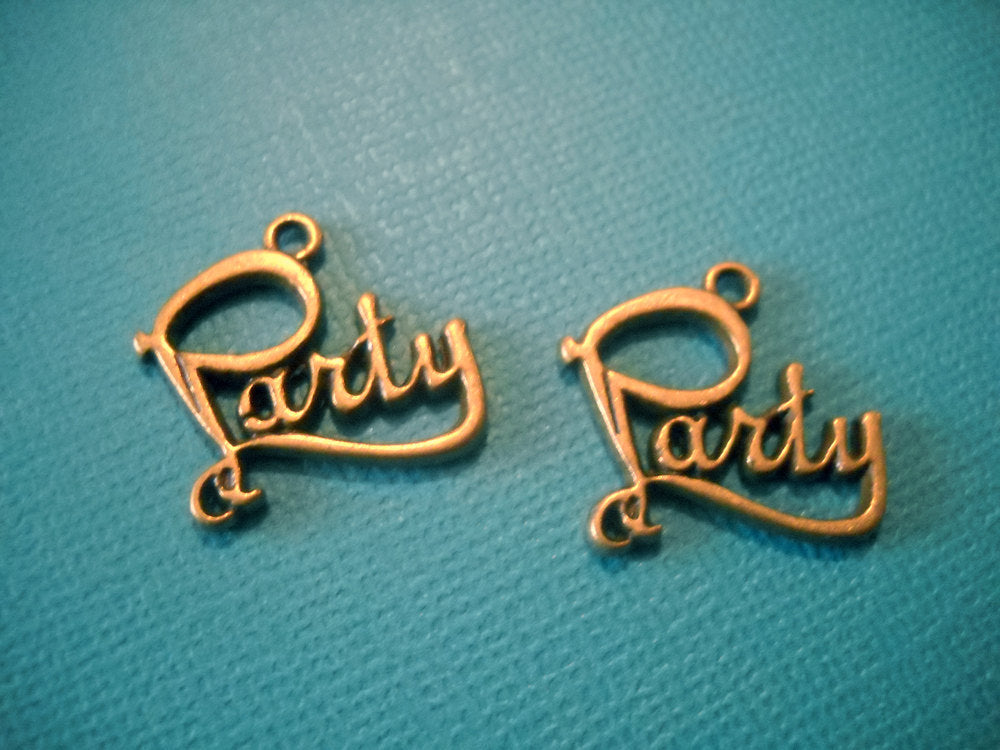 Party Charms Antiqued Bronze Charms Set Party Word Charms 2pcs