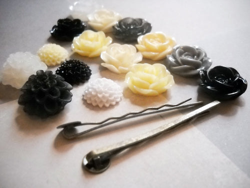 Bobby Pins Flower Cabochons Hair Pins DIY Kit Makes 15 Finished Bobby Pins Hair Accessories Flower Flatbacks Silver Bobby Pins Kit YOU PICK