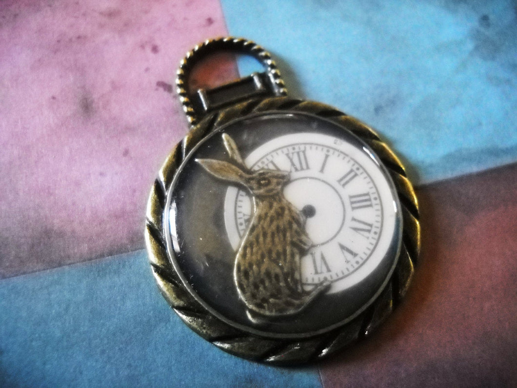 Pocket Watch Pendants Enamel Clock Pendants Antiqued Bronze Rabbit Clock Alice in Wonderland BULK 10pcs PREORDER