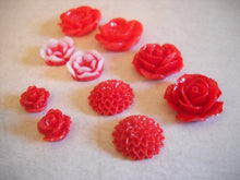 Load image into Gallery viewer, Flower Cabochons Red Flower Flatbacks Flat Back Flowers Red Flowers Assorted Cabochons Resin Cabochons Resin Flowers Mum Cabochons 10pcs