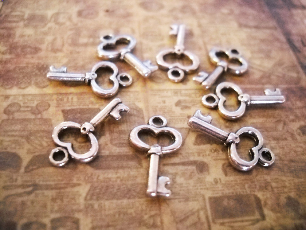 Silver Key Charms Antiqued Silver Charms Heart Key Charms Miniature Keys Skeleton Keys Tiny Key Charms BULK Charms 15mm 50 pieces