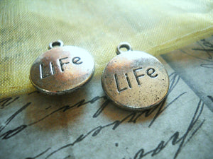 Word Charms LIFE Charms Antiqued Silver Circle Charms Message Charms 4 pieces Inspirational Charms Silver Charms Silver Word Charms