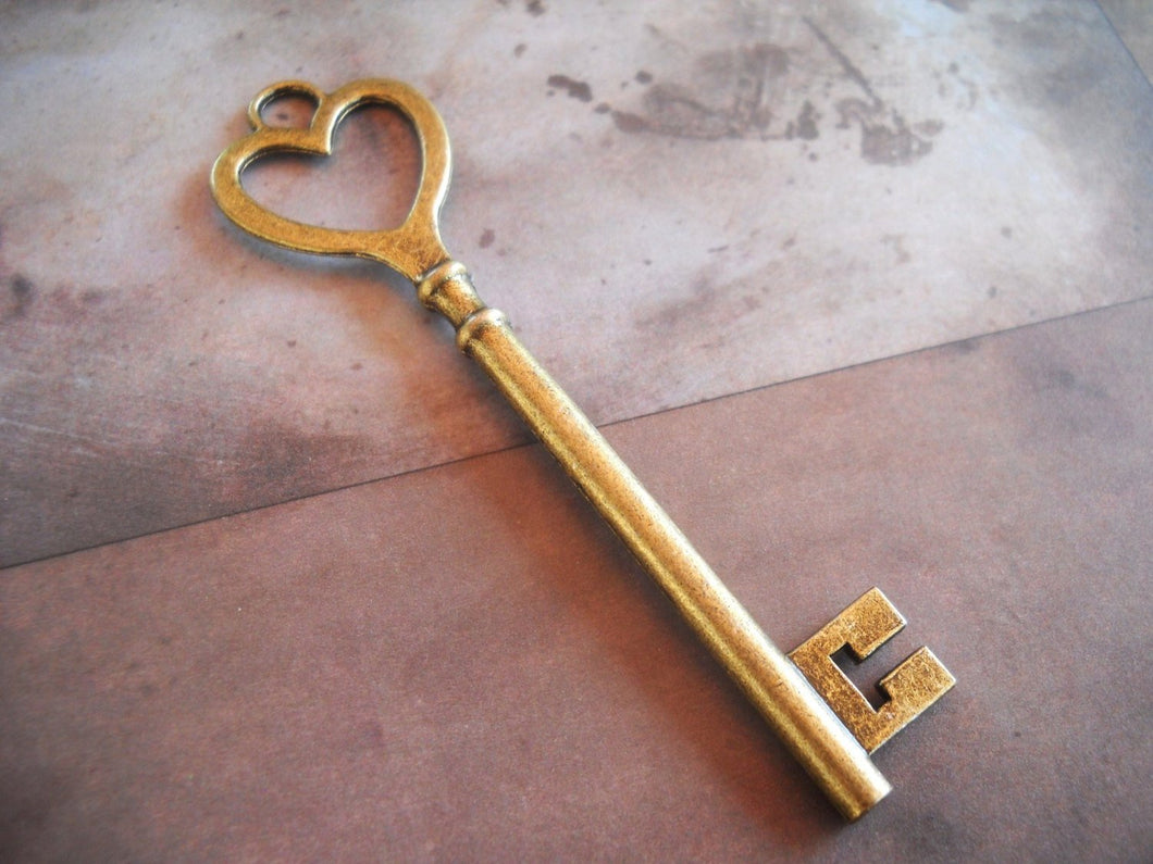 Big Key Pendant Heart Key Antiqued Bronze Heart Top Key Skeleton Key Steampunk Key To My Heart 84mm