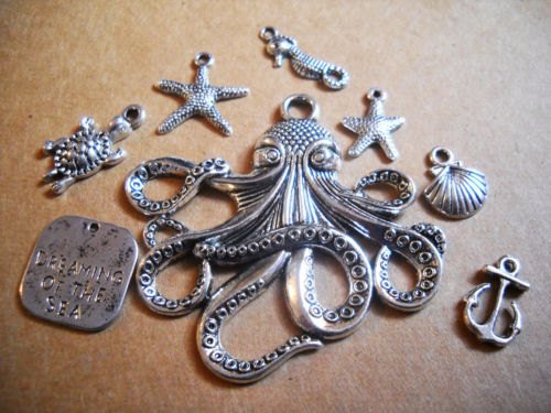 Nautical Pendants Ocean Charms Assorted Charms Set Octopus,Seashell, Quote, Seahorse,Anchor,Turtle,Starfish Antiqued Silver 8 pieces