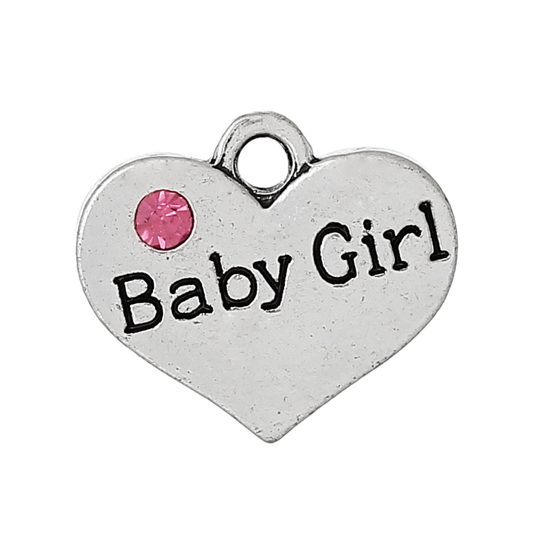 Baby Charms Baby Pendants Baby Girl Charms Silver Heart Charms Antiqued Silver Baby Shower Charms Rhinestone Charms 2pcs