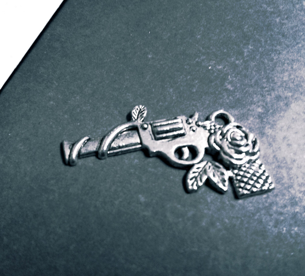 Gun Charms Pistol Charms Western Charms Gun Charm with Rose Antiqued Silver CLEARANCE 7 pieces