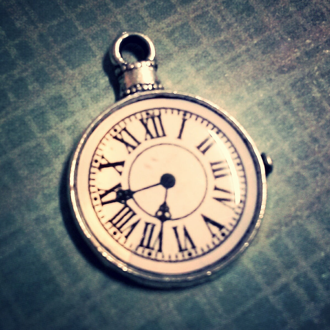 Clock Pendant Antiqued Silver Clock Charm Enamel Charm Steampunk Pendant Roman Numerals Pocket Watch Miniature Clock