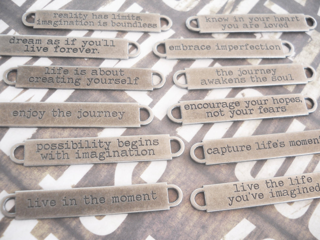 Quote Pendant Connector Antiqued Silver Quote Charm Connector Pendant Oil Brushed Finish Word Pendant Dream As If You'll Live Forever
