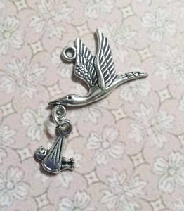 Stork Charms Baby Charms Antiqued Silver Charms Bird Charms Dangle Charms Baby Shower Charms 4 pieces
