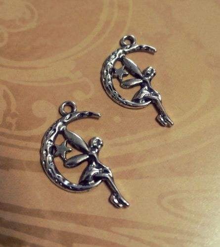 Fairy Charms Fairy Pendants Silver Fairy Charm Antiqued Silver Fairy Tale Charms Fairy on the Moon BULK Charms Wholesale Charms 50 pieces